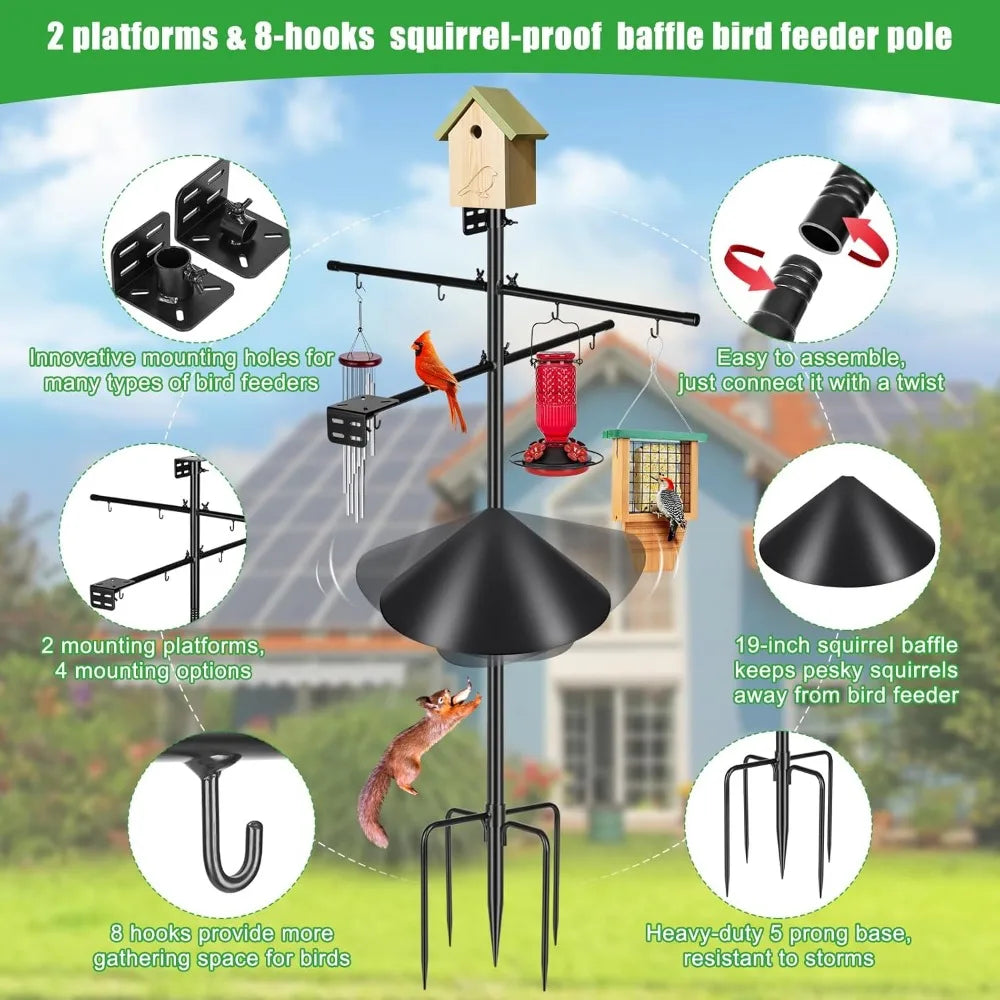 107 Inch Bird Feeder Pole with 2 Platforms and 8 Hooks, Squirrel Proof, Heavy Duty Mounting Pole for Outdoors