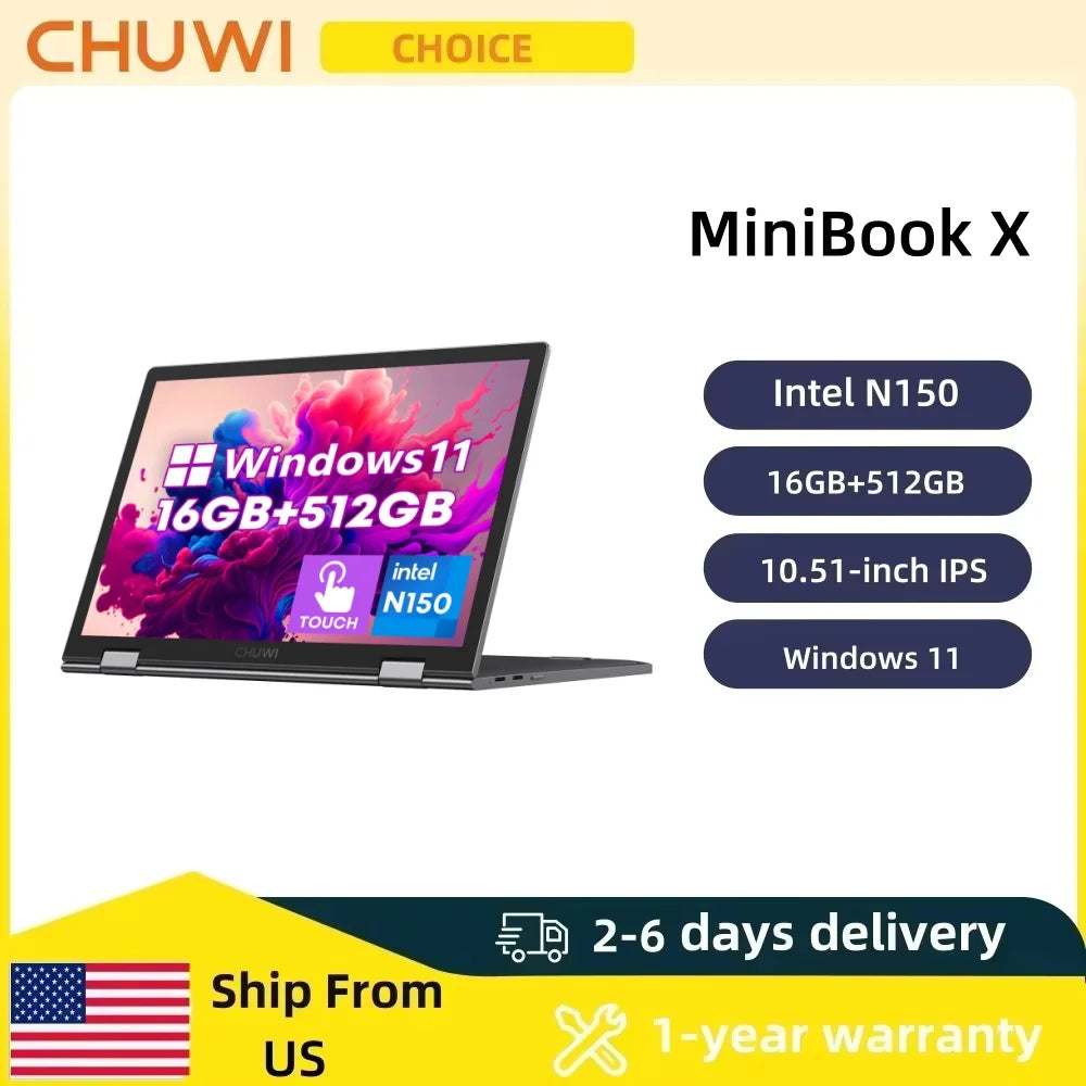 CHUWI MiniBook X 2-in-1 Touch Screen Laptop Intel N150 16GB LPDDR5 512G SSD 10.51"1920x1200 FHD Resolution Ultra-thin Notebook