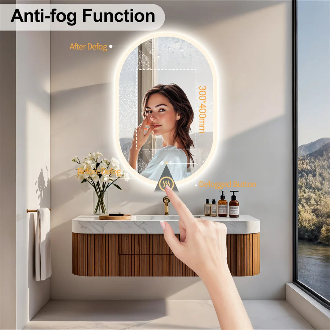 60x90cm Smart Frameless LED Mirror Bathroom, Wall Mounted with Bluetooth Speaker, 3 Color Dimmable Anti-Fog IP44 Waterproof Vanity Mirror for Home