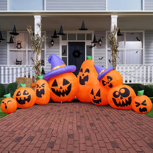 12.5 FT Long Pumpkin Halloween Inflatable with Witch Hat Decorations Inflatables with Build-in LEDs for Halloween Decor