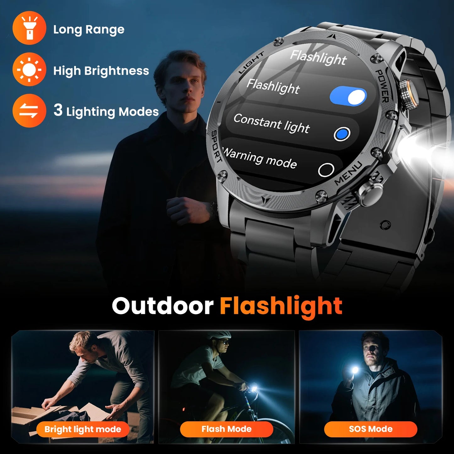 2026 Military Smart Watch Men 1.7" HD Screen 1000mAh 100+ Sport Modes Bluetooth Call Flashlight 24H Health Monitor Waterproof Smartwatch