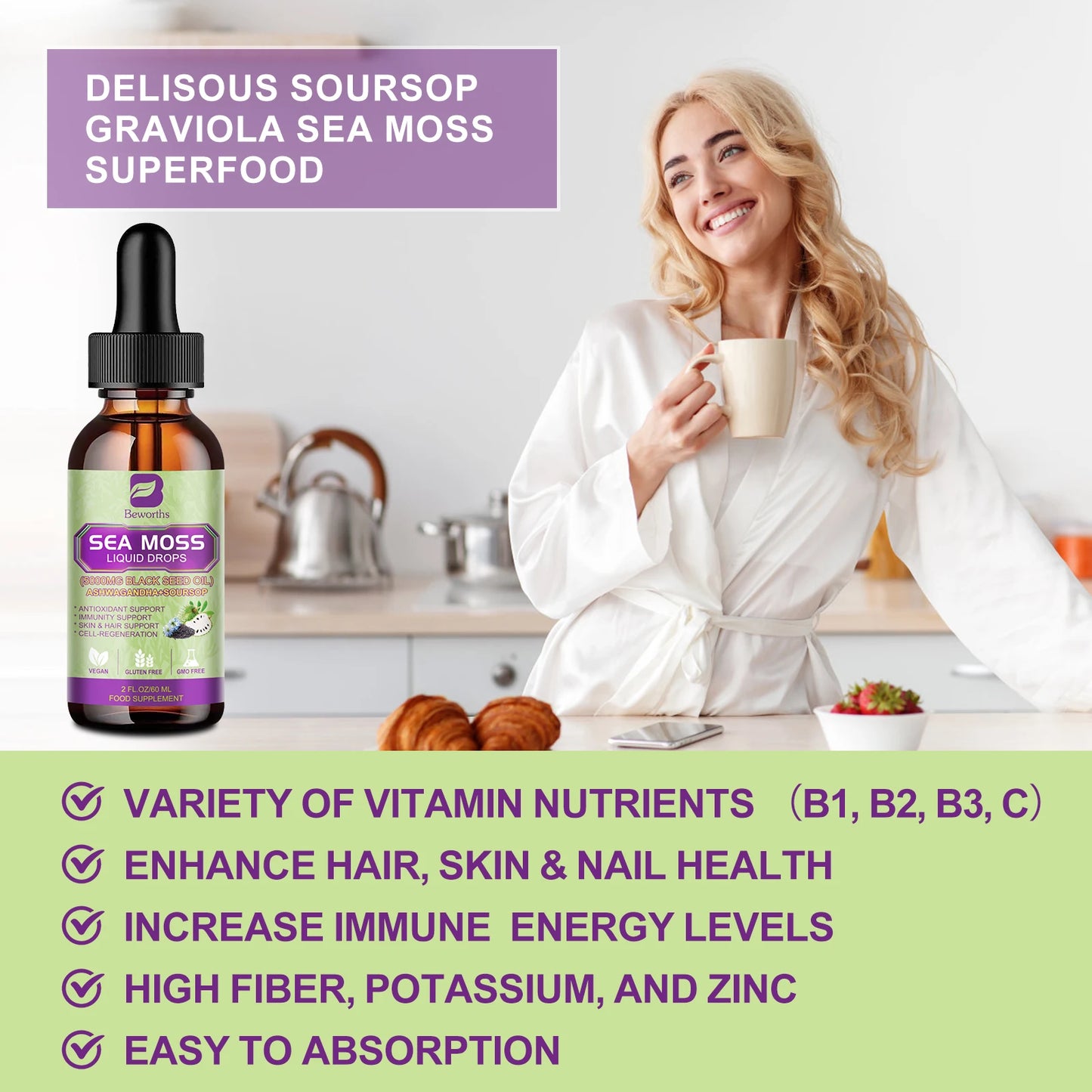 BEWORTHS 60ML Sea Moss Extract Drop Support Immunity and Kidney Health, Promote Digestion and Antioxidation