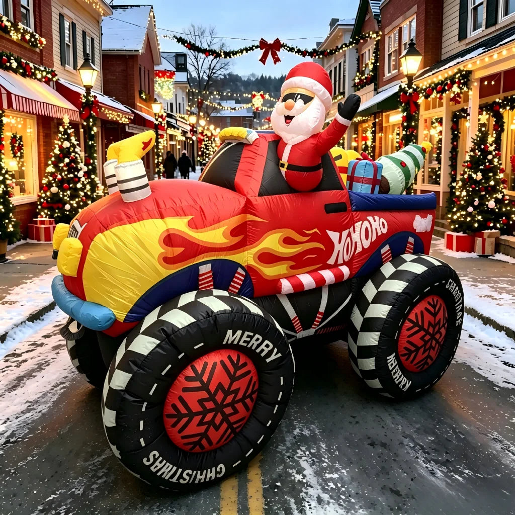 8 FT Christmas Inflatable Monster Truck, Blow Up Santa Claus Driving Red Truck with Gifts & Tree
