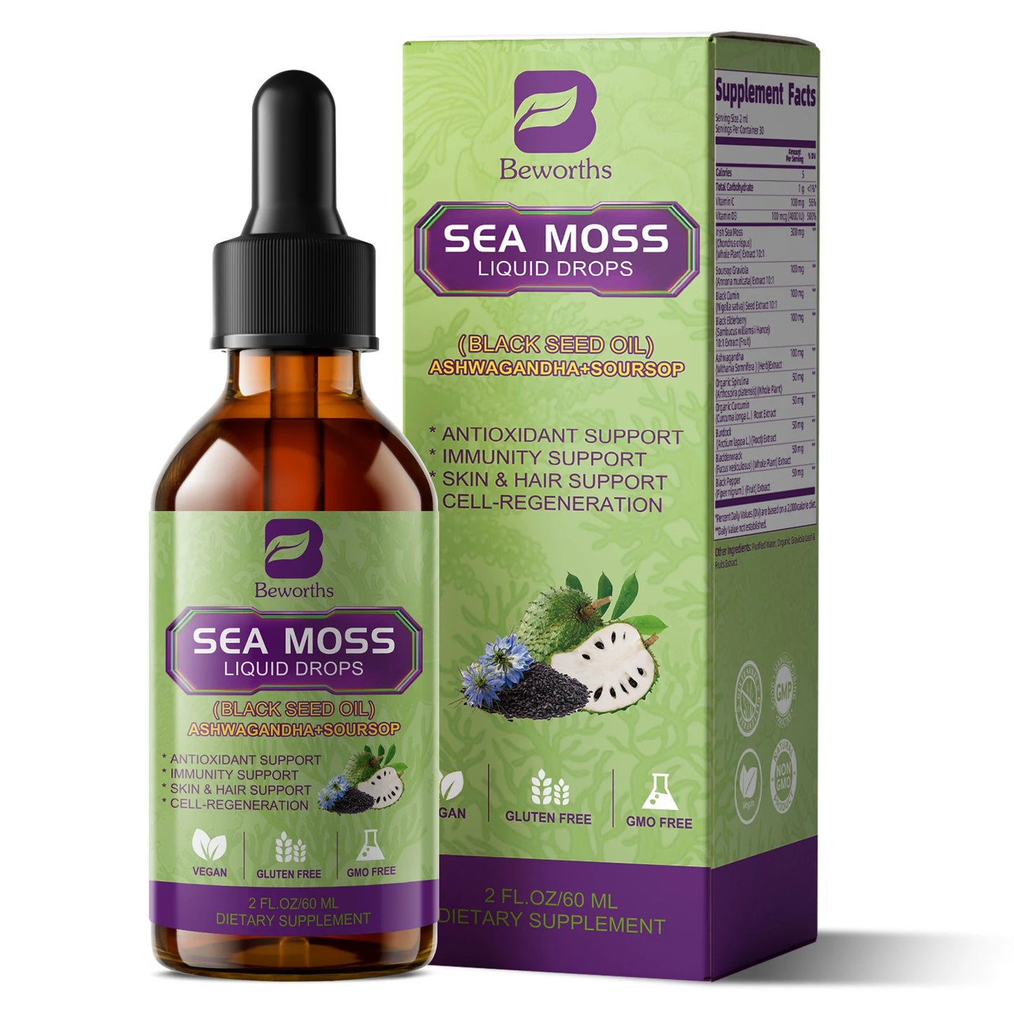 BEWORTHS 60ML Sea Moss Extract Drop Support Immunity and Kidney Health, Promote Digestion and Antioxidation