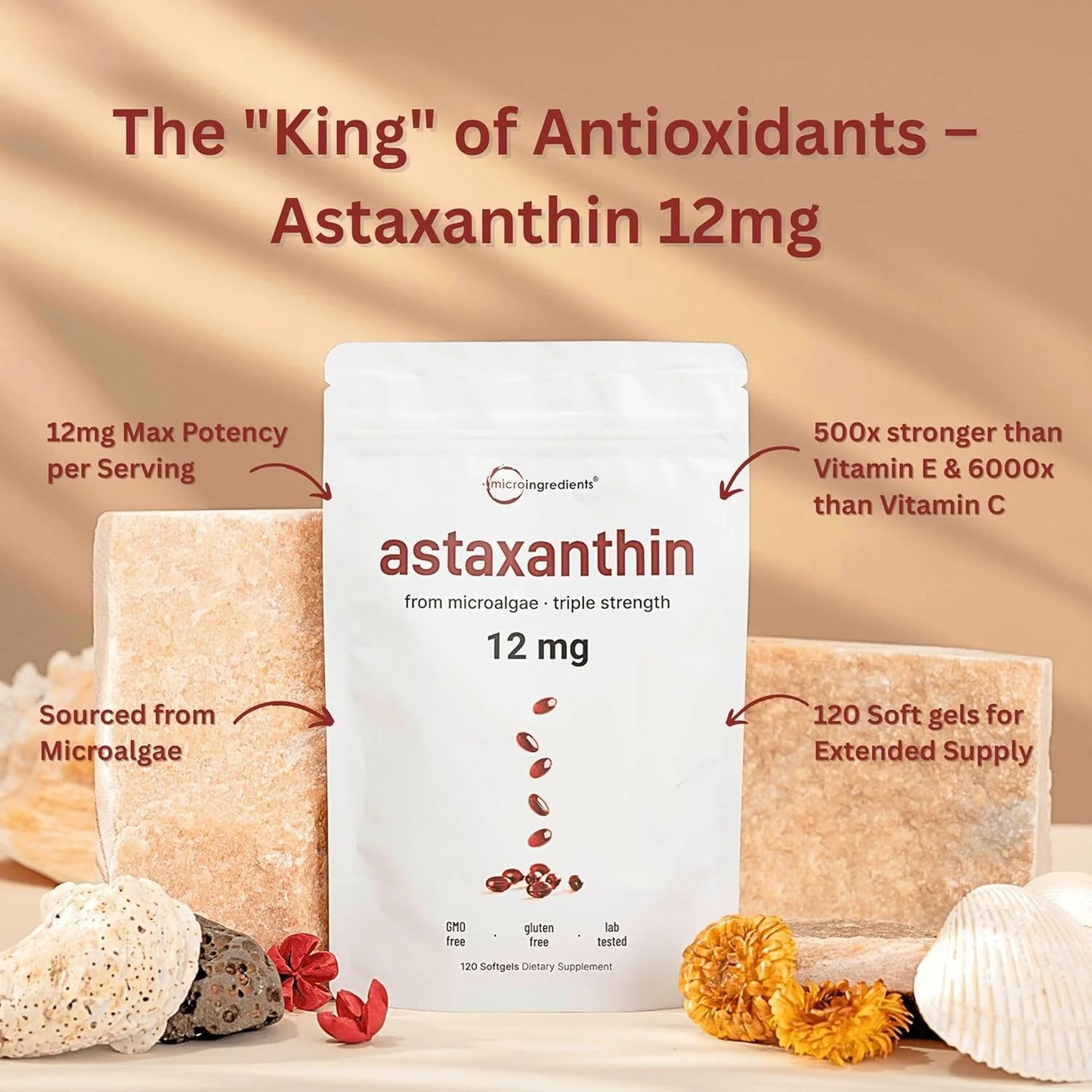 Astaxanthin 12mg with MCT Oil, Premium Astaxanthin Antioxidant Supplements Fresh Microalgae Source, Non-GMO, Gluten Free, No Soy