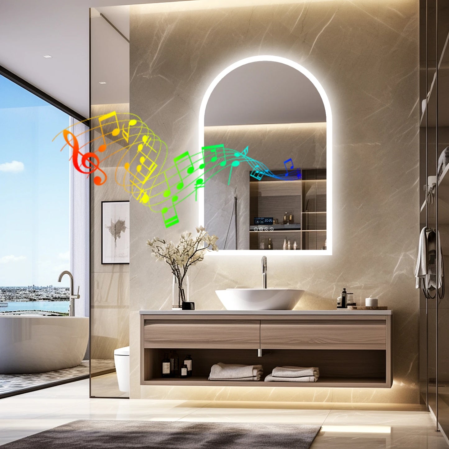 LUVODI Arched Bluetooth Bathroom Mirror with LED Backlight Dimmable Fogless Vanity Mirror with Time And Temperature Display