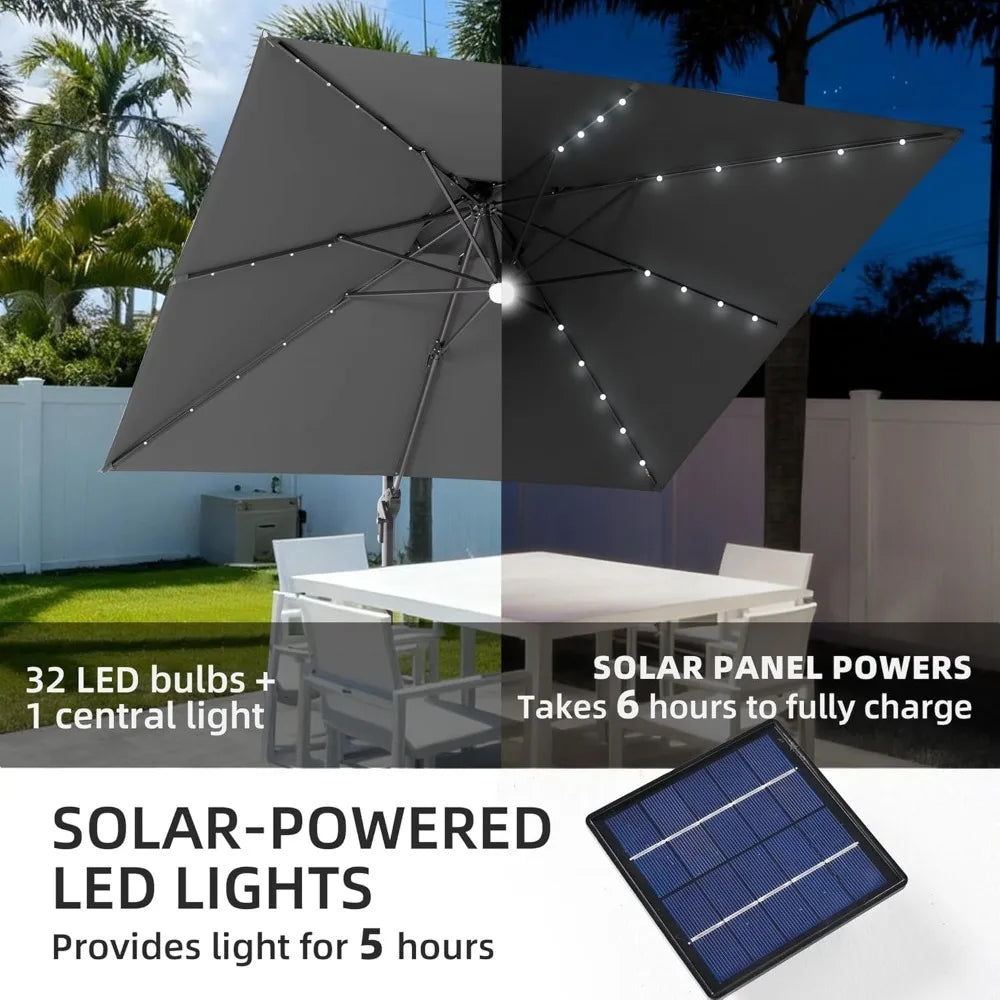 9x9 FT Outdoor Cantilever Patio Umbrella with Base Included and Solar LED Lights, Large Heavy Duty 2-Tier Square, Customized