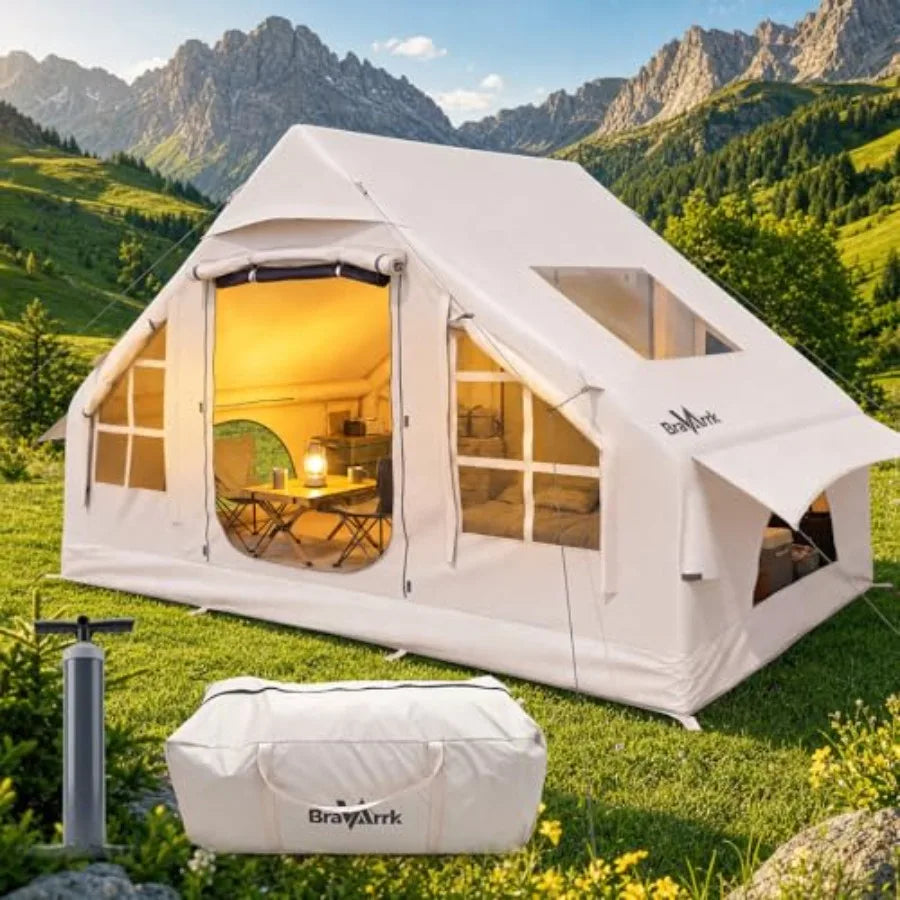 Inflatable Tent for Camping, Glamping Hiking PVC-TPU Hybrid, Gray-Black, Waterproof with Skylight, Stove Jack Integrated Pump