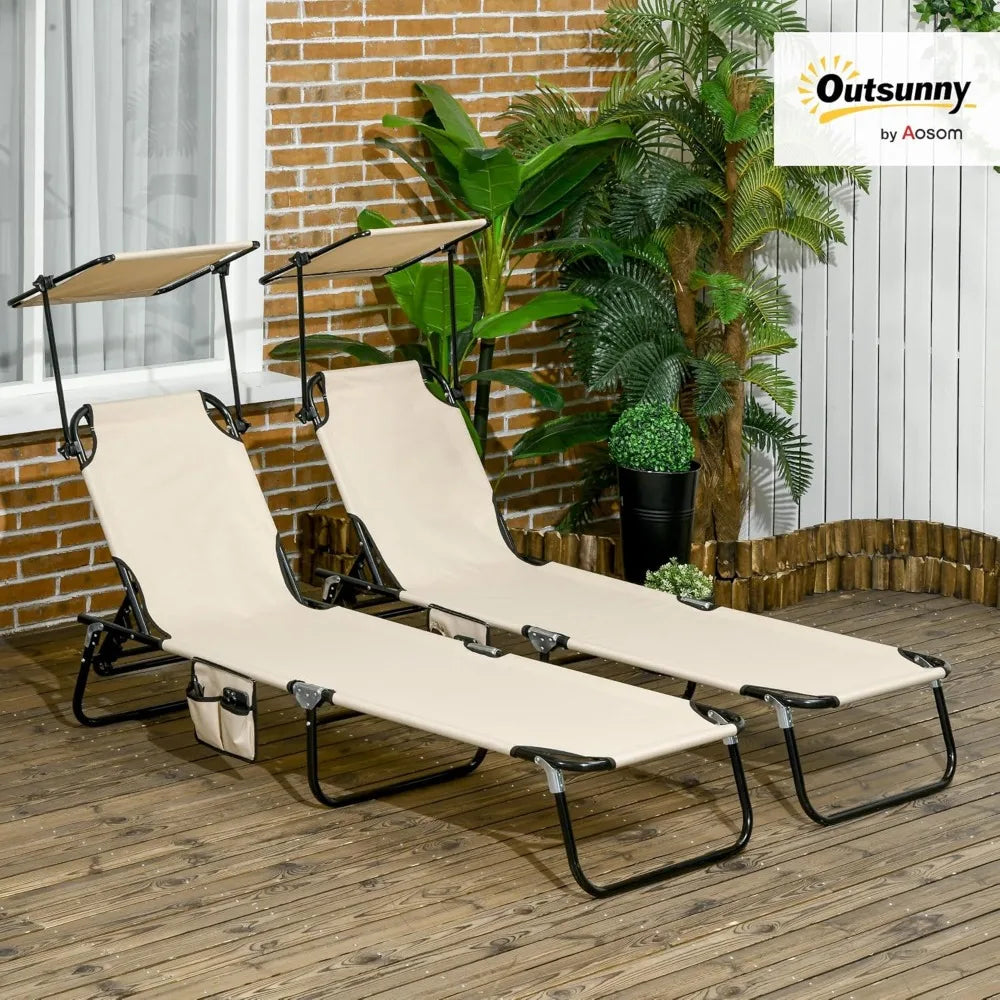 Folding Chaise Lounge Pool Lounge Chairs Set of 2, Outdoor Sun Tanning Chairs with Canopy Shade, Reclining Back, Customized