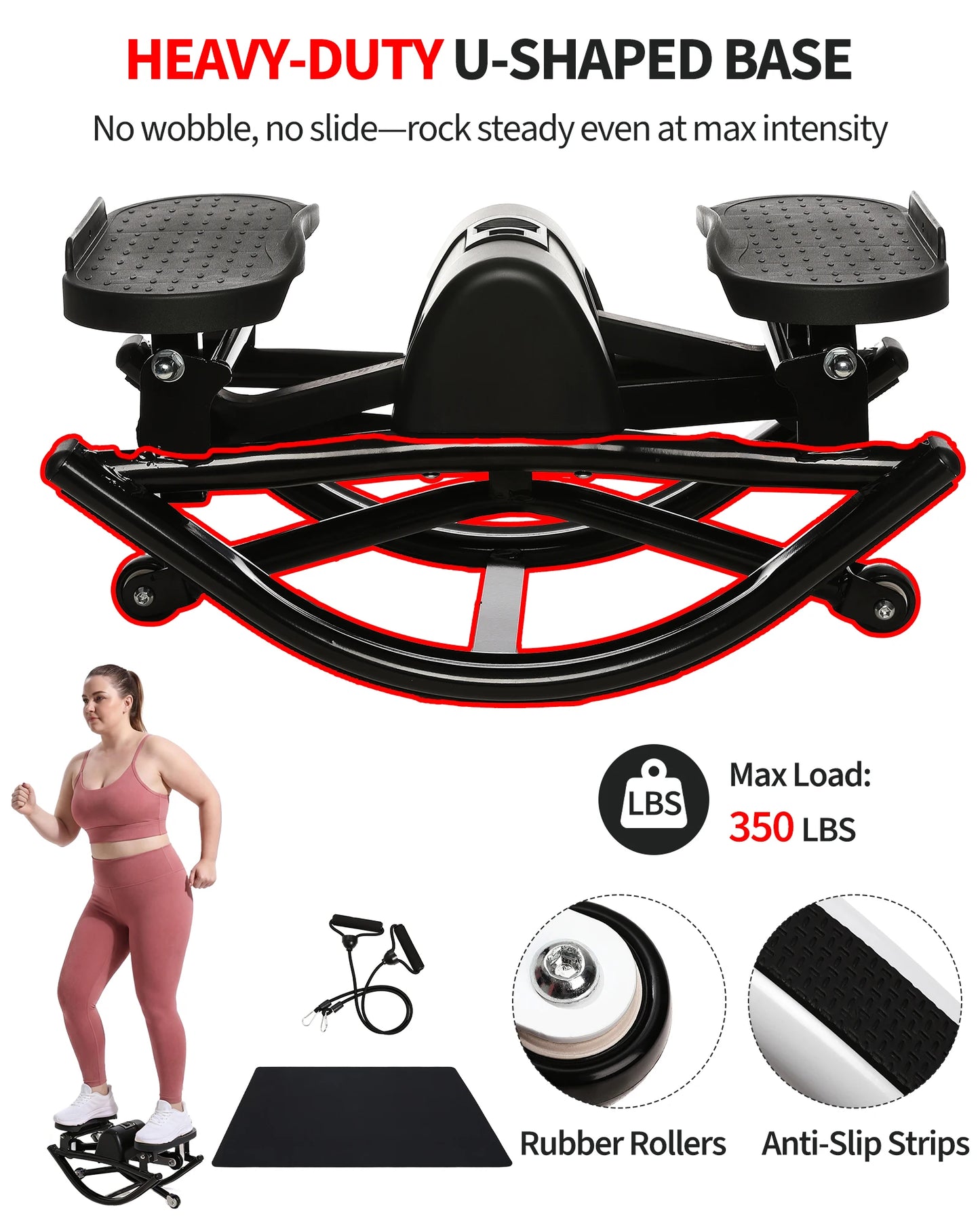 Mini Stair Stepper For Home Workout 350LBS Heavy Duty 3D Rock Stepper With Resistance Bands LCD Monitor Non-Slip Mat Full Body