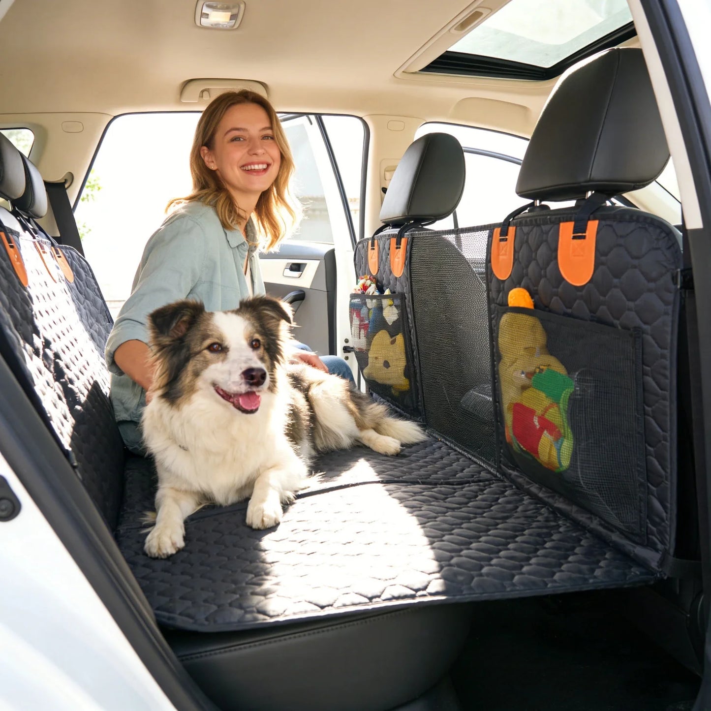 Dog Car Seat Cover for Pets Waterproof Car Back Seat Extender Dog Hammock Bed Hard Bottom Backseat Protector with Pockets