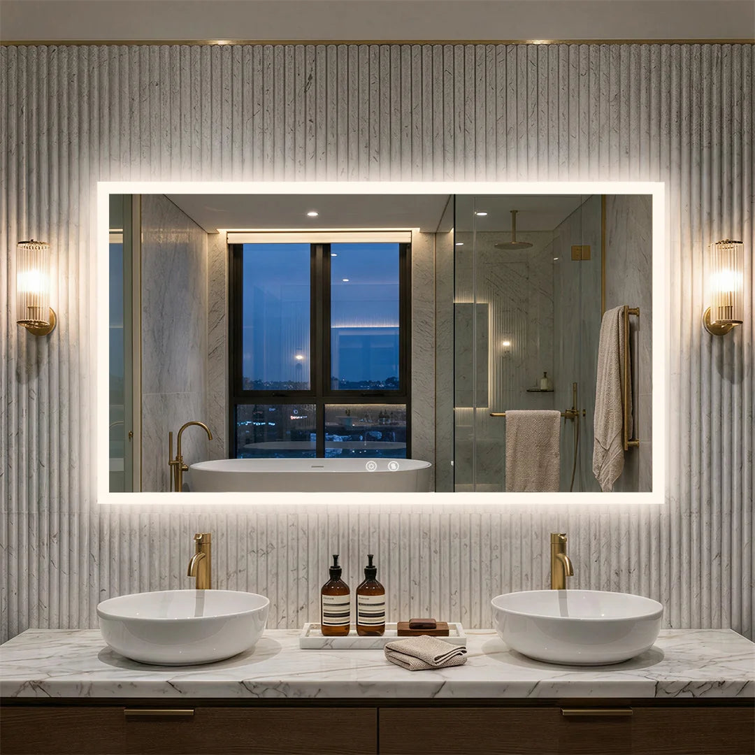 LED Rectangular Wall Mount Smart Bathroom Vanity Mirror Tempered Glass with 3 Color Temperature Options And Defog Feature for Makeup