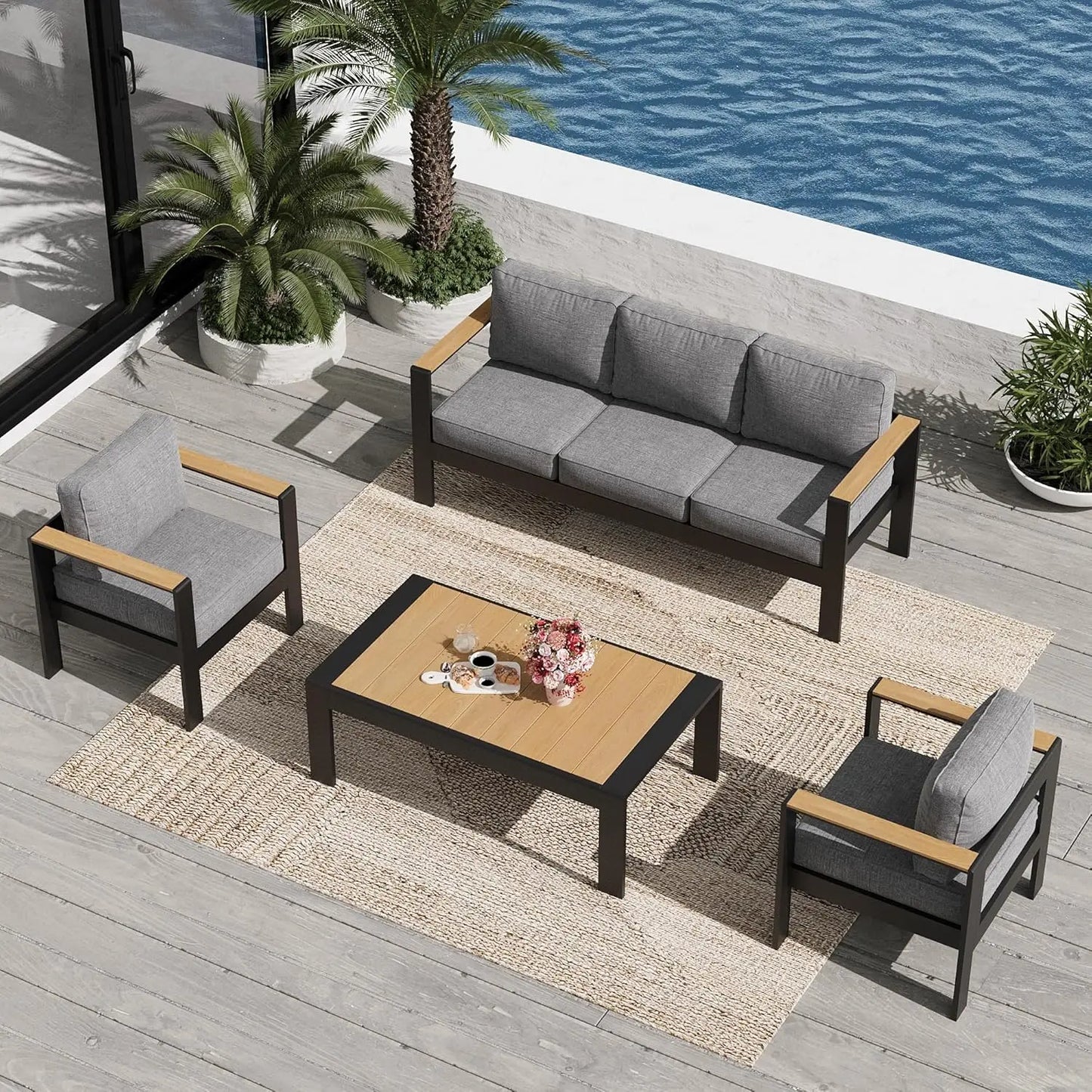 Aluminum Outdoor Patio Furniture Sets, 4 Piece Metal Patio Conversation Sets with Coffee Table with 5 Inch Cushion, Customized