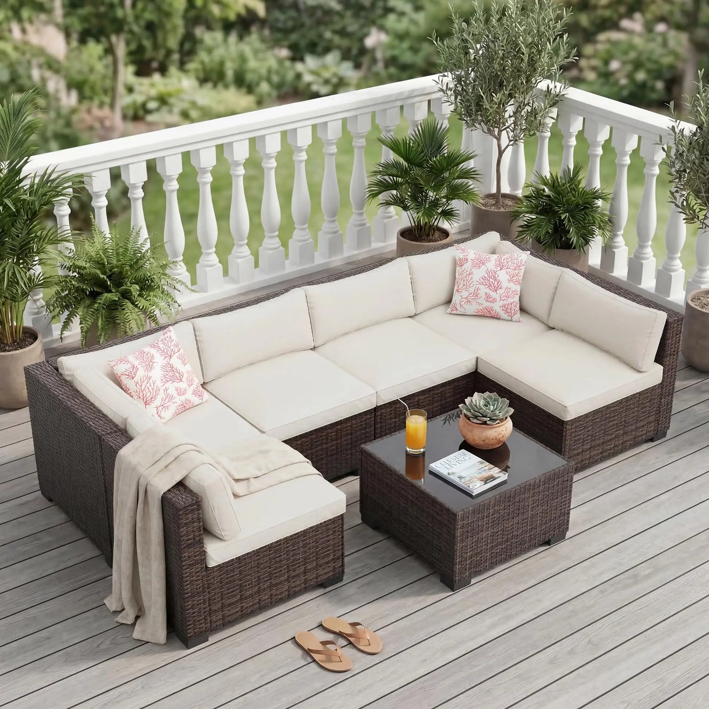 7-Piece Outdoor Patio Furniture Sectional Sofa Set With Ottoman & Storage Table, PE Wicker Conversation Set Poolside Backyard
