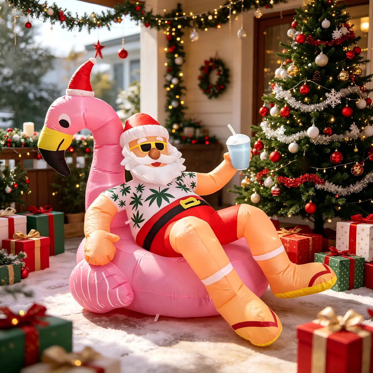 8.2FT Christmas Blow Ups Santa on Flamingo, Hawaiian Christmas with Built-in LED Lights,