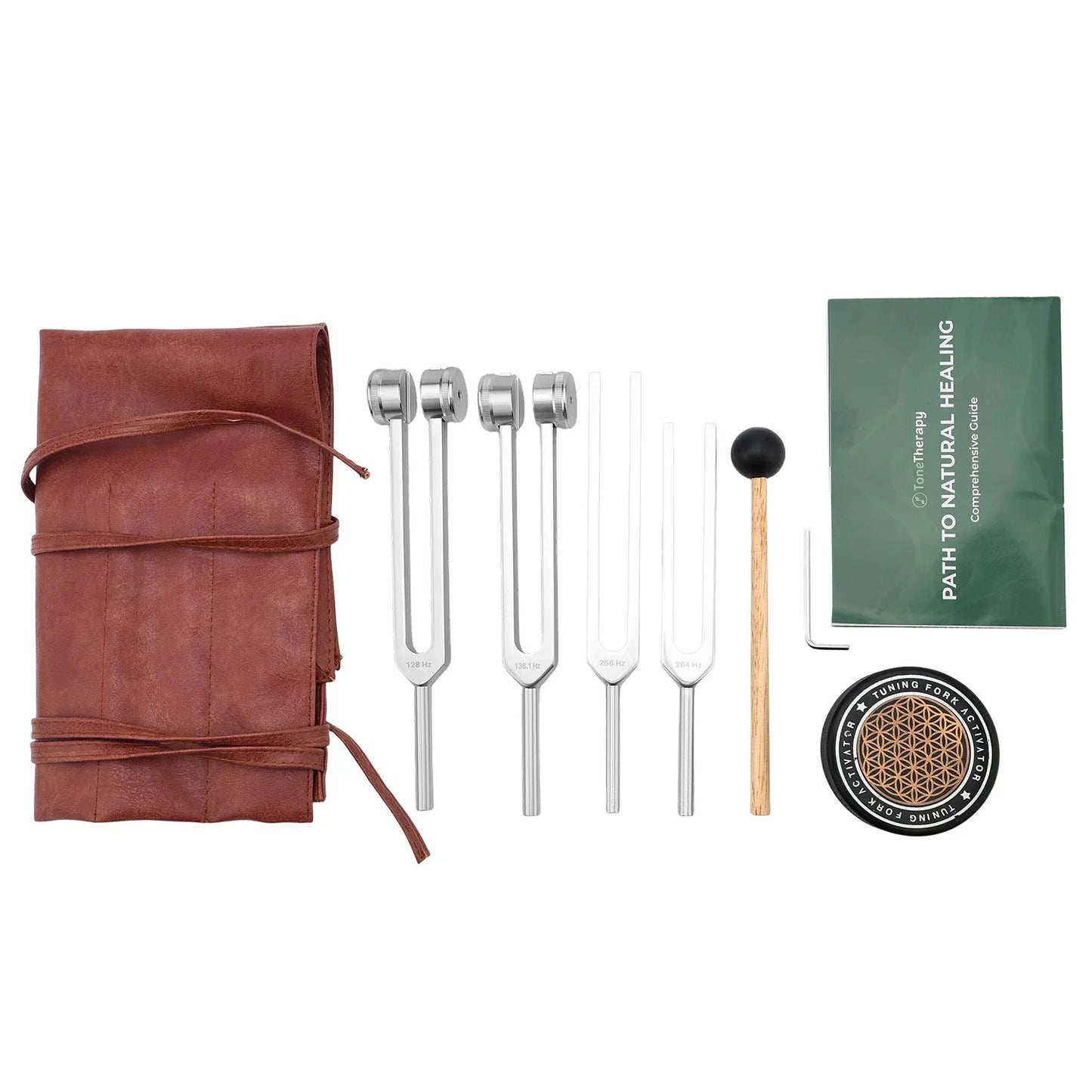 Tuning Forks Set, Includes 128Hz, 136Hz, 256Hz, 384Hz & Activator, Portable in Red Leather Pouch, Grade Sound Instruments for Chakra, Yoga
