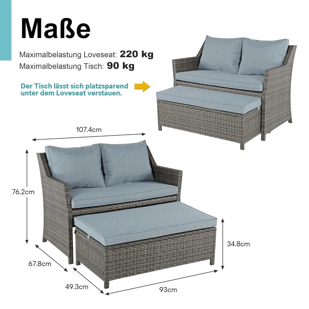 2-Piece Outdoor Patio Furniture Wicker Love-seat and Coffee Table Set, with Built-in Storage Bin, Grey Rattan, Grey, Customized