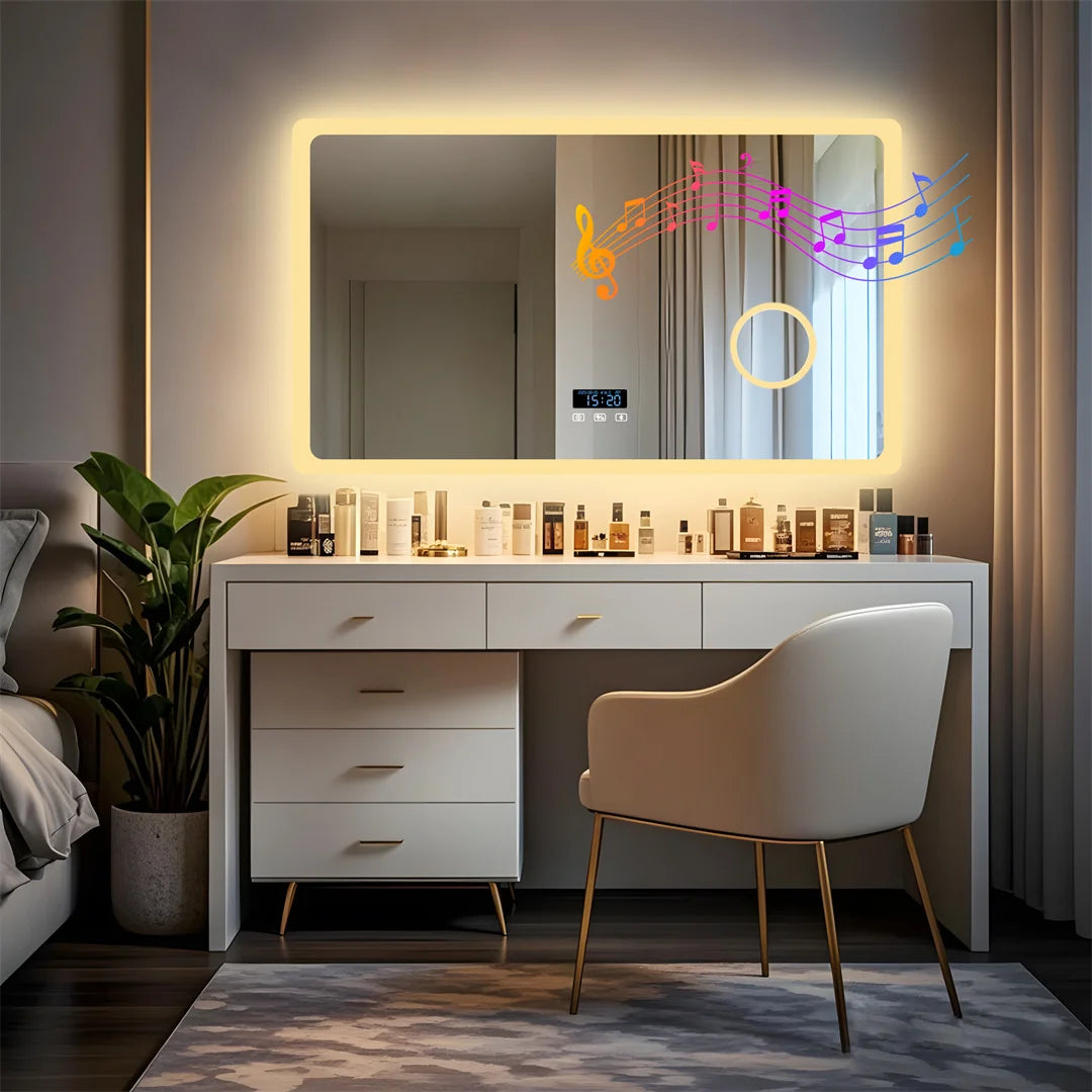 Bluetooth LED Bathroom Mirror 120x70cm Rectangle 3X Magnifying Tempered Glass Makeup Dressing Mirror with Time Display