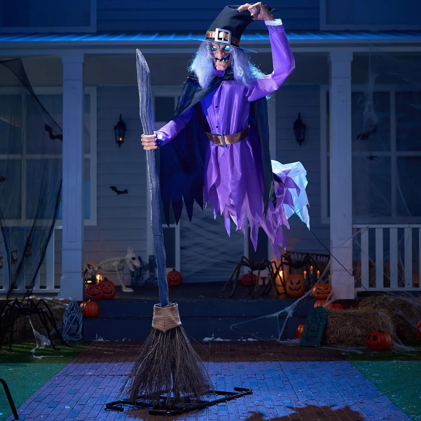 8FT Tall Animated Flying Witch Halloween Decorations Outdoor Floating Witch on Broom Animatronics Hovering Witch Decor with Light Eyes and Spooky Voice, Scary Haunted House Prop for Outside Yard Lawn