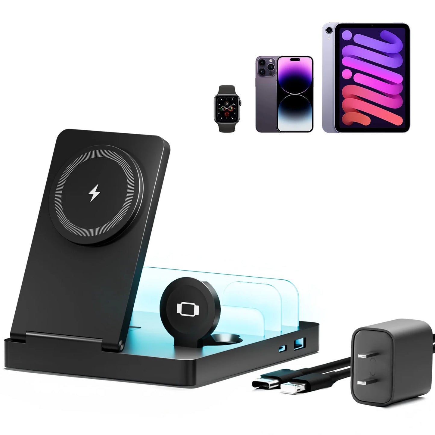 5-IN 1 Magnetic Wireless Charger Station Foldable 15W Fast Charging LED Light For iPhone 16~12 Pro Max Apple Watch AirPods