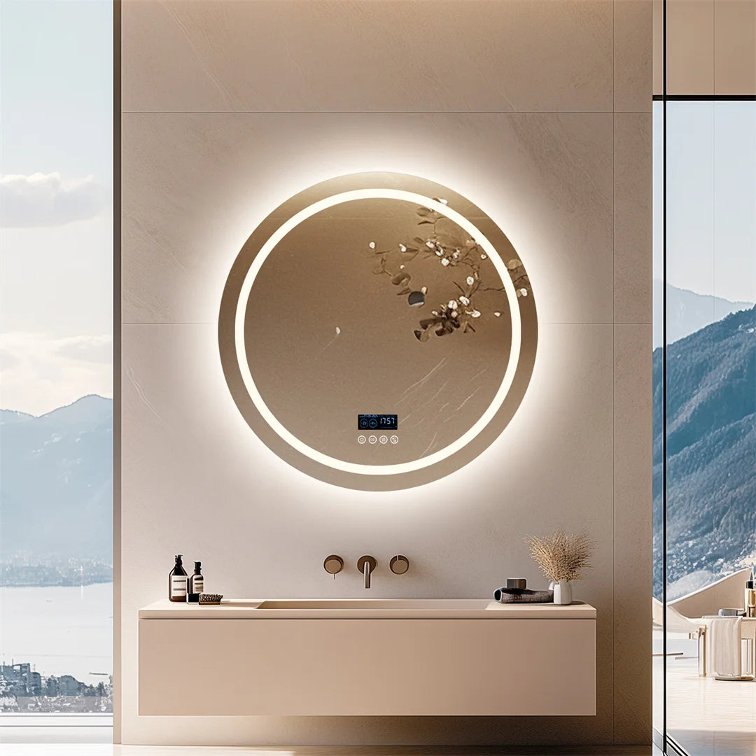 LUVODI Round Bathroom Mirror with Dual Bluetooth Speakers Anti-Fog Lighted Shower Vanity Mirror with Time Weather Display