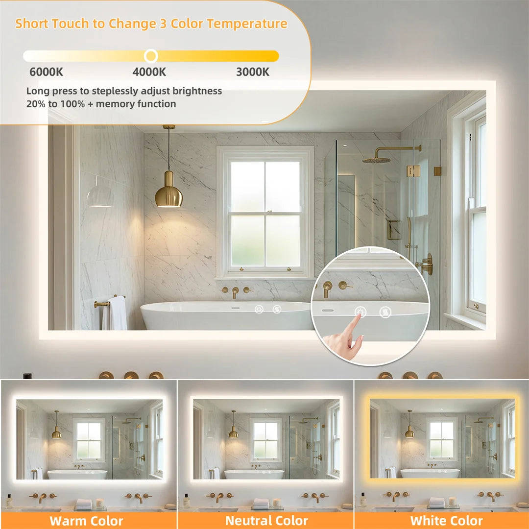 LED Rectangular Wall Mount Smart Bathroom Vanity Mirror Tempered Glass with 3 Color Temperature Options And Defog Feature for Makeup