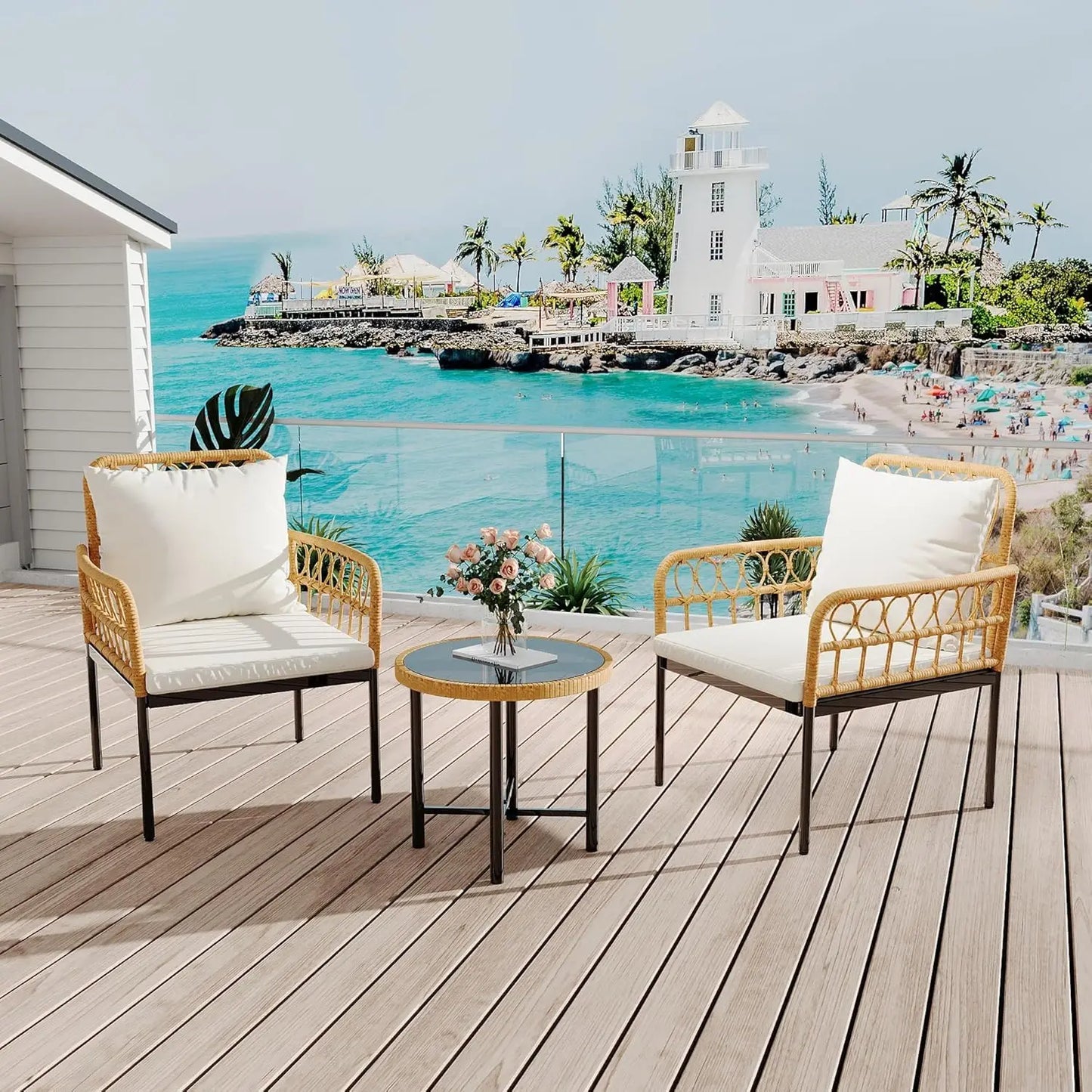 3-Piece All-Weather Wicker Rattan Bistro Patio Furniture Set with Glass Table and Thick Cushions, Beige - Ideal for, Customized