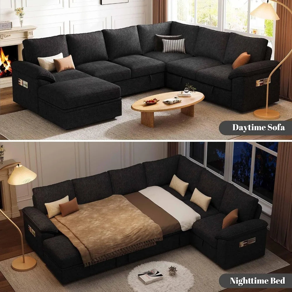 108 Inch Modular Sectional Sofa with Pull Out Bed, U Shaped 7 Seat Sectional Sleeper Sofa with Storage, Sectional, Customized