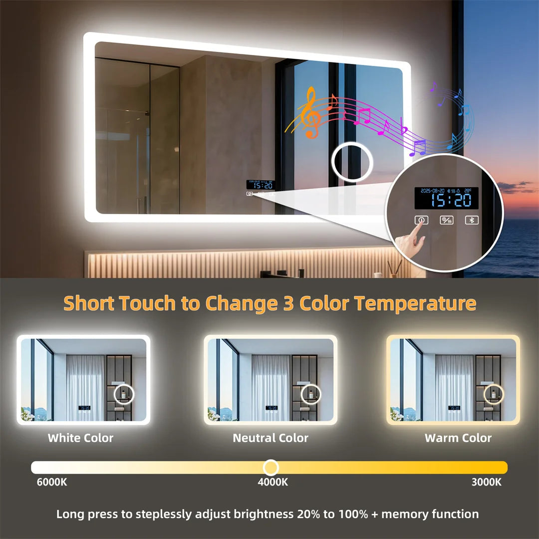 Bluetooth LED Bathroom Mirror 120x70cm Rectangle 3X Magnifying Tempered Glass Makeup Dressing Mirror with Time Display