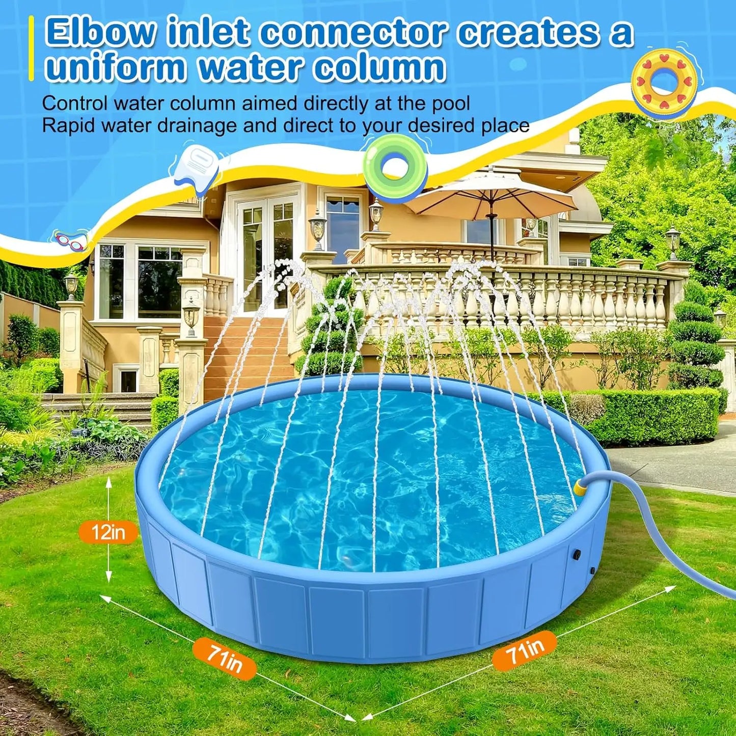 71in Foldable Dog Pool with Cover, Heavy Duty Splash Pad for Large Dogs, Outdoor Summer Water Fun