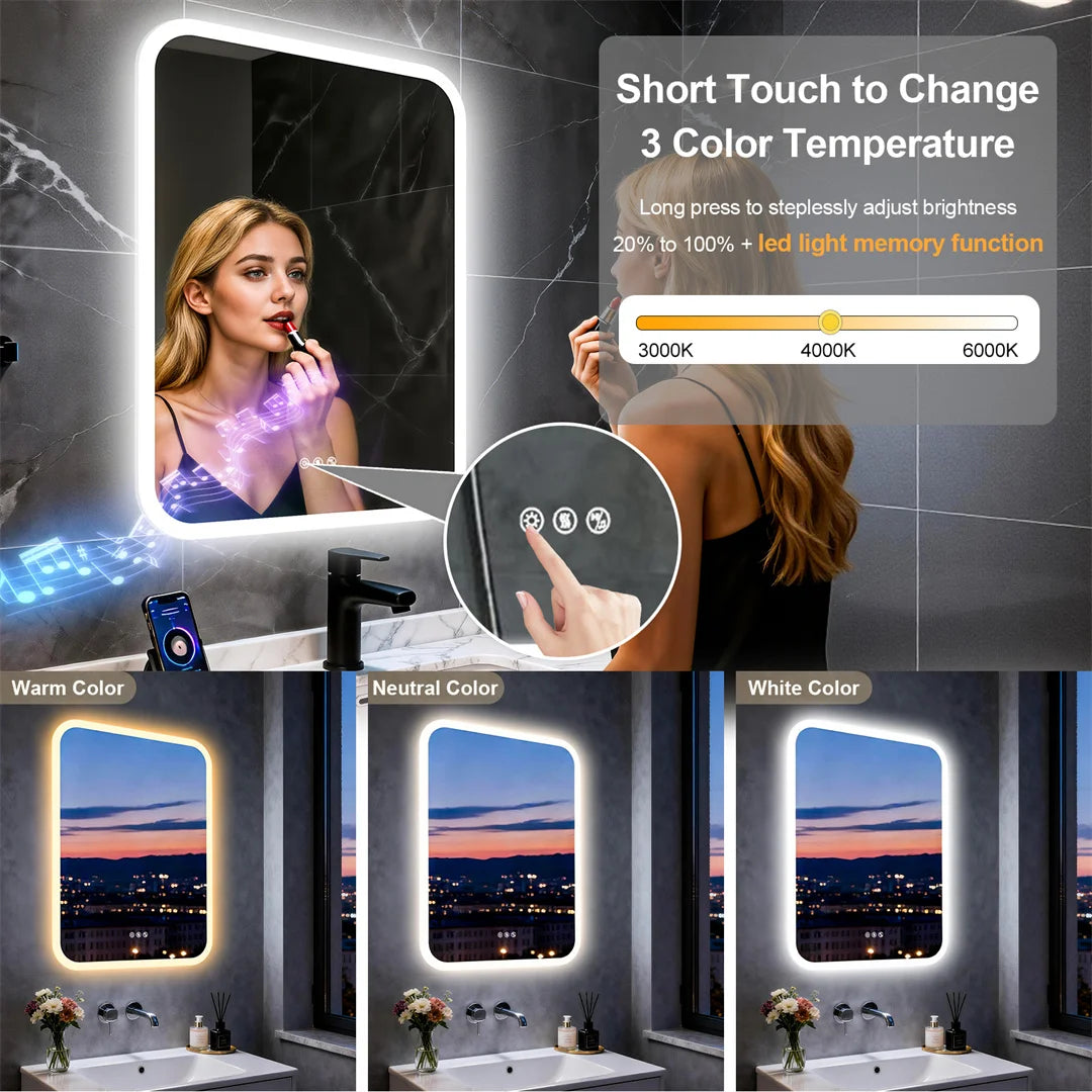 LUVODI 60x80cm Rectangle Smart LED Bathroom Mirror with Bluetooth Speaker - Anti Fog Illuminated Vanity Makeup Mirror Dimmable 3 Colors Wall LED Backlight