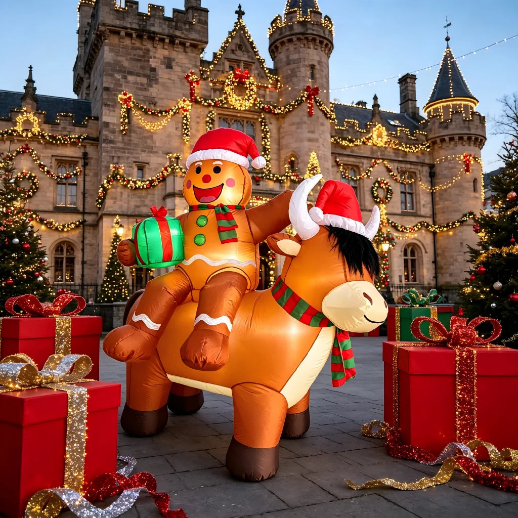 6FT Christmas Inflatables Gingerbread Man on Highland Cow Outdoor Decorations,