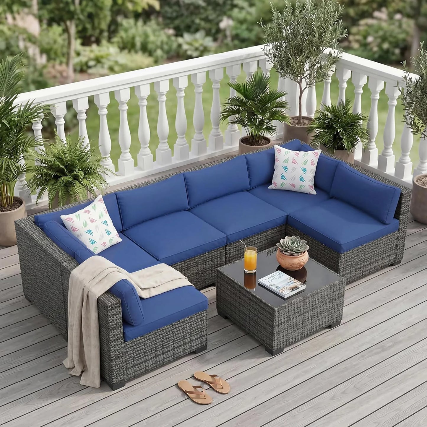 7-Piece Outdoor Patio Furniture Sectional Sofa Set With Ottoman & Storage Table, PE Wicker Conversation Set Poolside Backyard