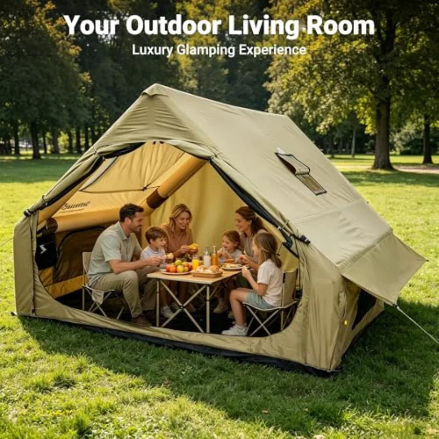 Glamping camping tent for 2-10 persons, heavy-duty waterproof windproof Oxford fabric, beige, quick 5-min setup with pump, pano