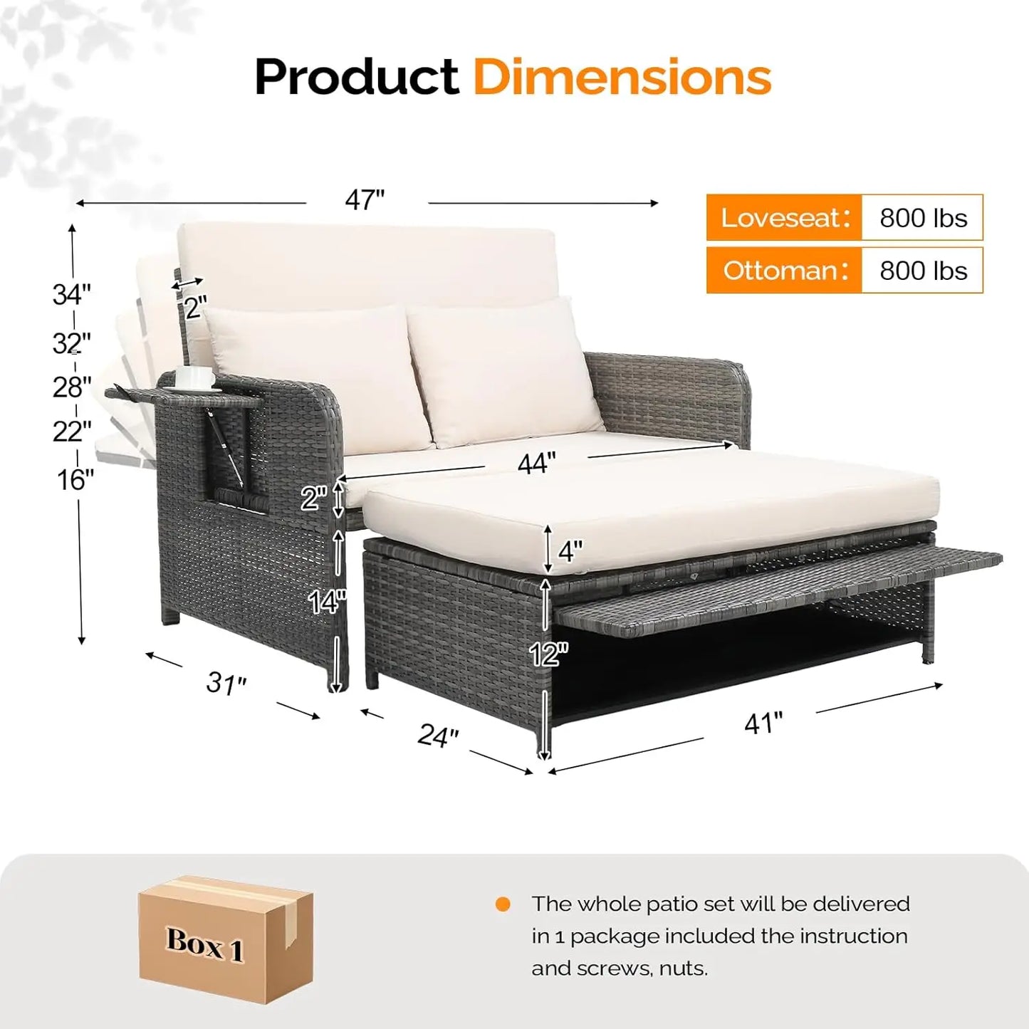 Patio Daybed, Wicker Outdoor Daybed with Storage Ottoman & 5-Level Adjustable Backrest, All-Weather Rattan Cushioned, Custom