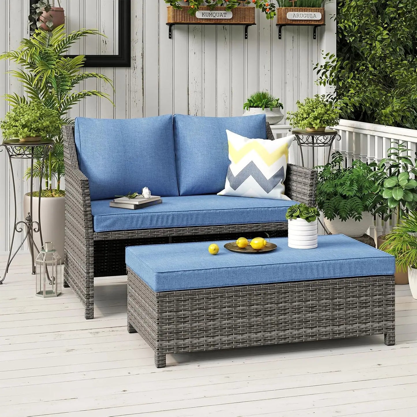 2-Piece Outdoor Patio Furniture Wicker Love-seat and Coffee Table Set, with Built-in Storage Bin, Grey Rattan, Grey, Customized