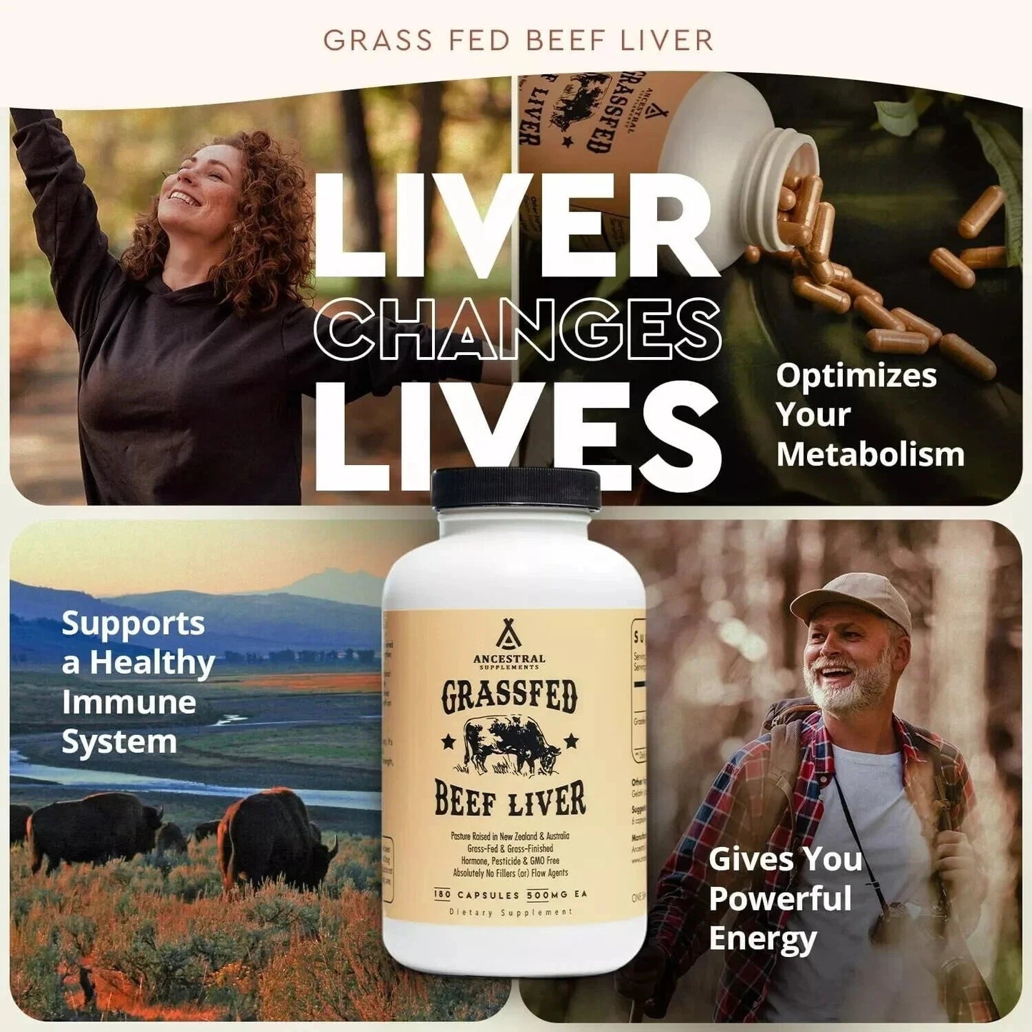 Grass Fed Beef Liver 180 Capsules, Supports Energy Production, Detoxification, Digestion, Immunity and Full Body Wellness