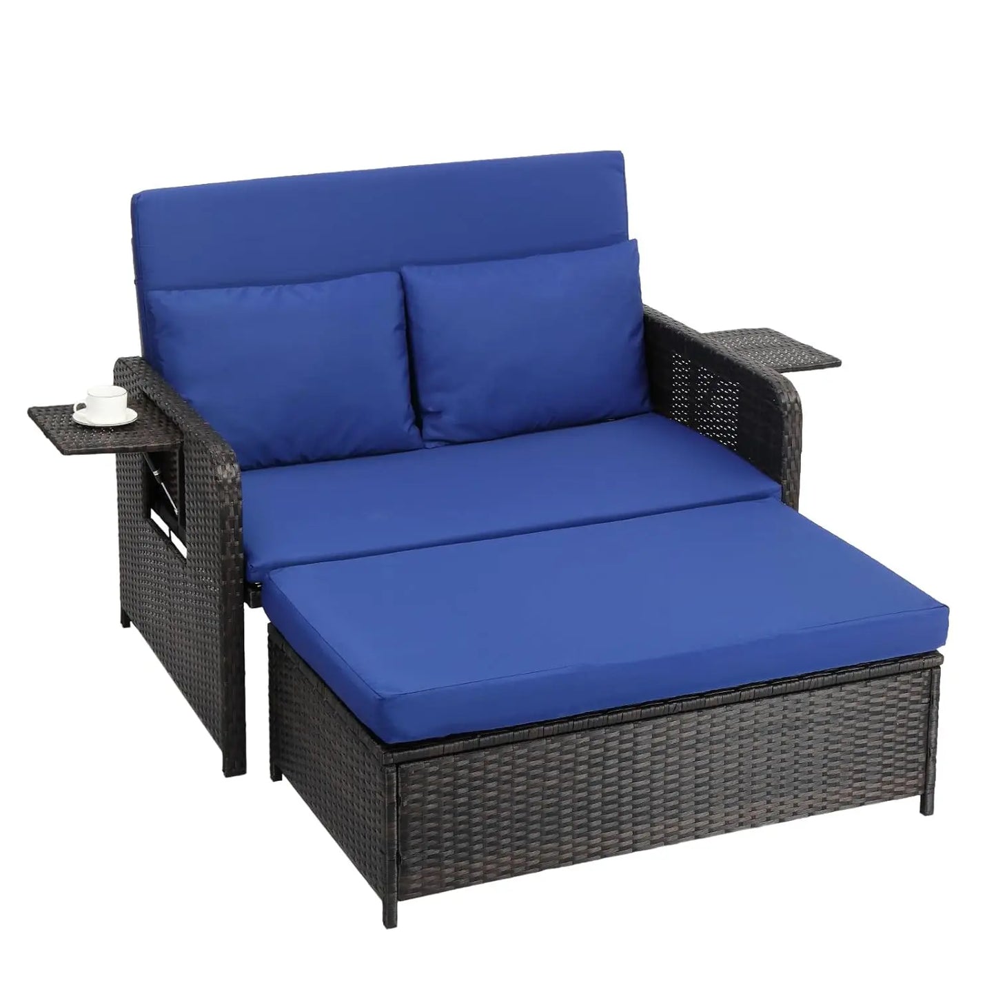 Patio Daybed, Wicker Outdoor Daybed with Storage Ottoman & 5-Level Adjustable Backrest, All-Weather Rattan Cushioned, Custom