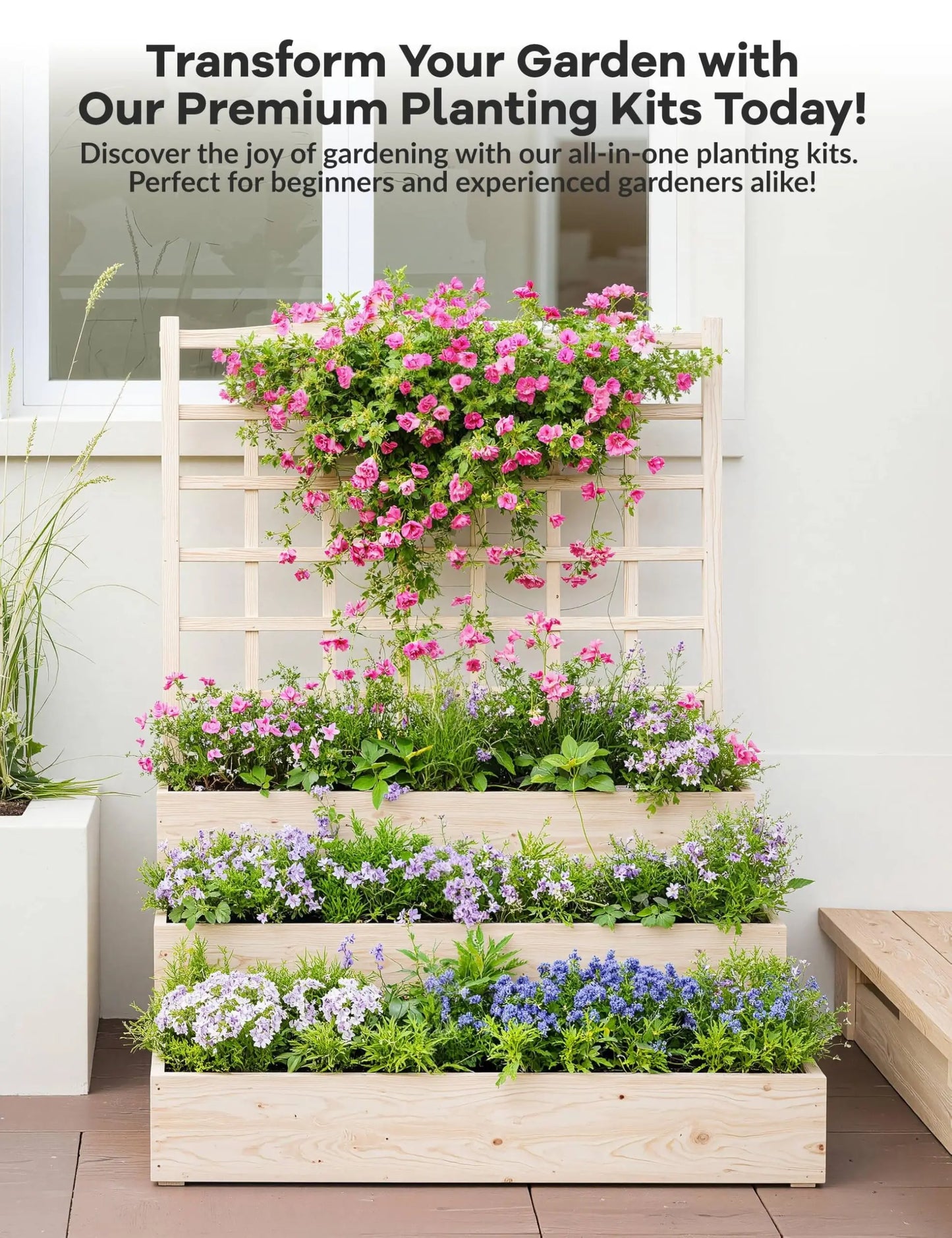 3-Tier Elevated Garden Bed with Trellis - Wooden Vertical Planter Box for Vegetables, Flowers, Herbs & Climbing Plants - Outdoor