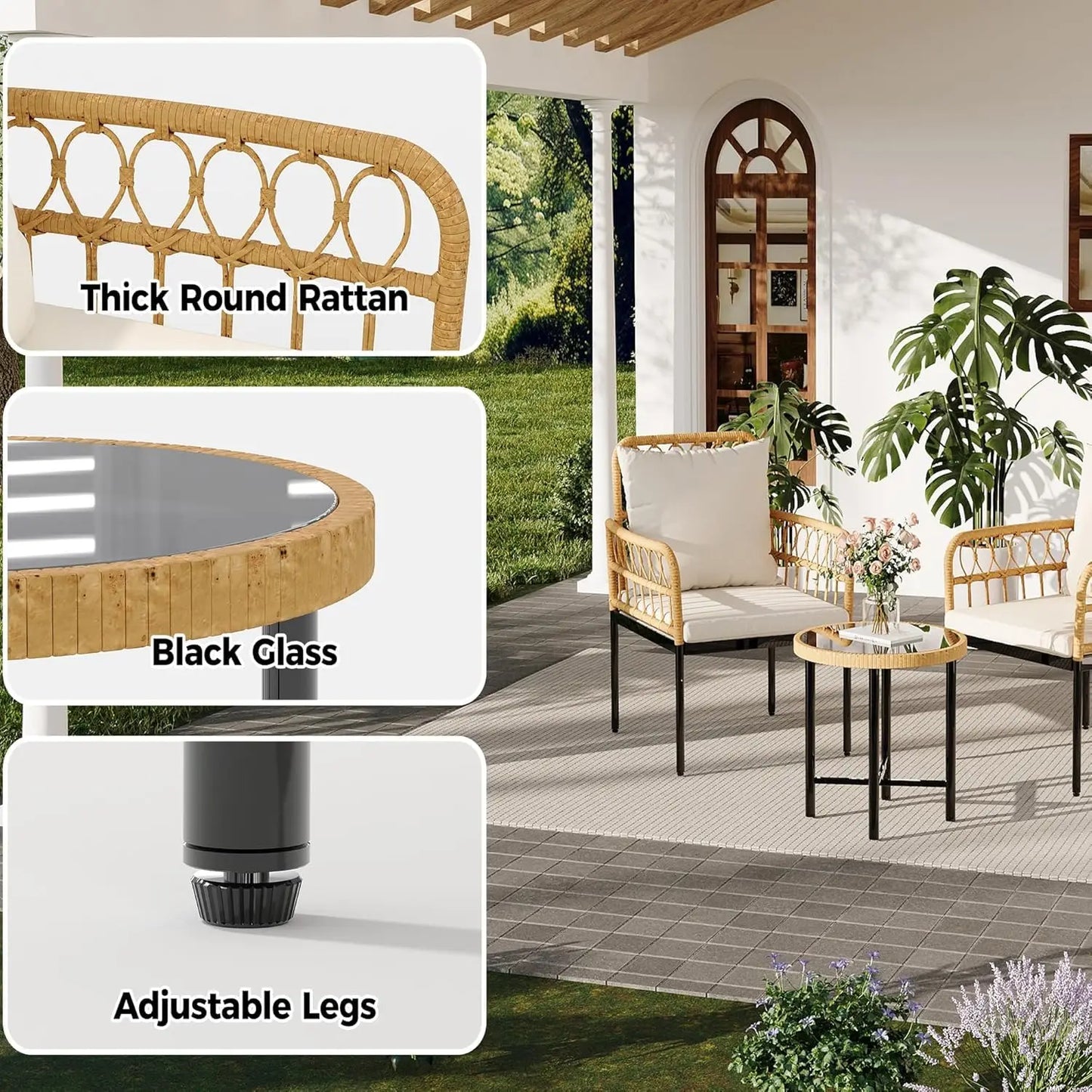 3-Piece All-Weather Wicker Rattan Bistro Patio Furniture Set with Glass Table and Thick Cushions, Beige - Ideal for, Customized