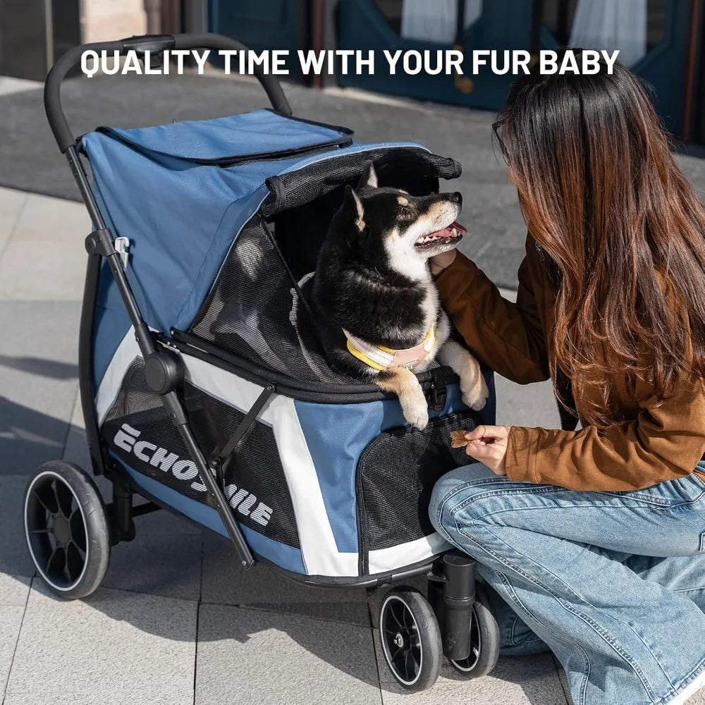Foldable Pet Stroller for Medium & Small Dogs, 3-Wheel with Brakes, All-Terrain Carrier with Breathable Mesh, Safety Leash & Storage Pocket