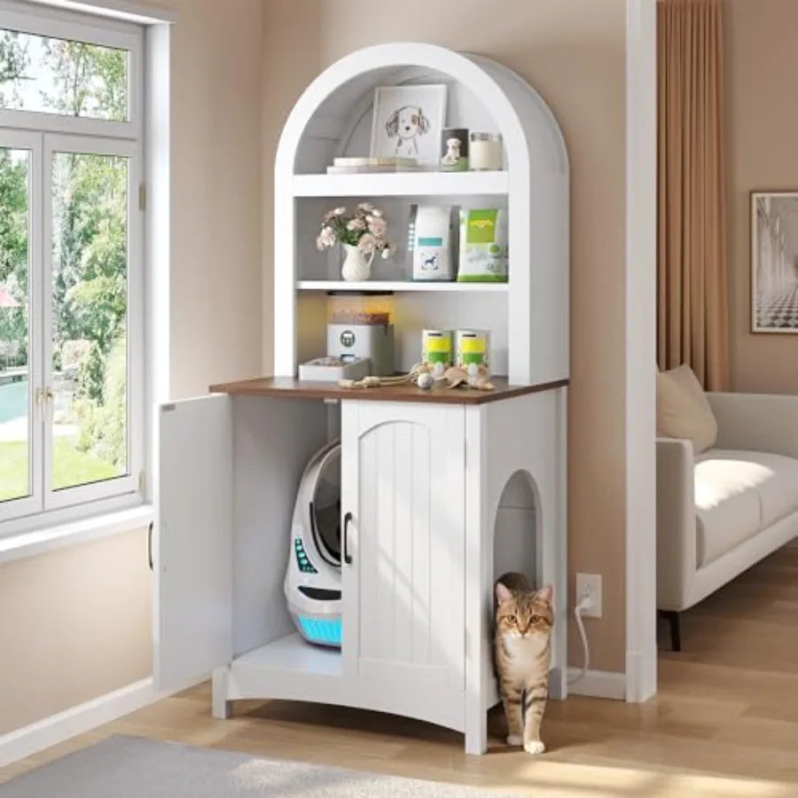70.8in Large Hidden Cat Litter Box Furniture with Shelves High-Gloss Modern Litter Box Enclosure for Self-Cleaning Litter Boxes