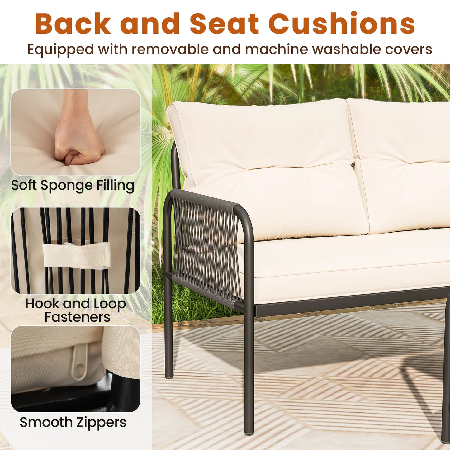 3-Piece L Shaped Patio Furniture Set w/Tempered Glass Table Back & Seat Cushions