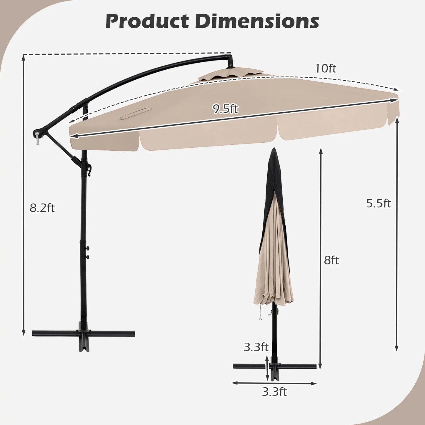 10FT Offset Hanging Umbrella Patio Cantilever Umbrella with Cover