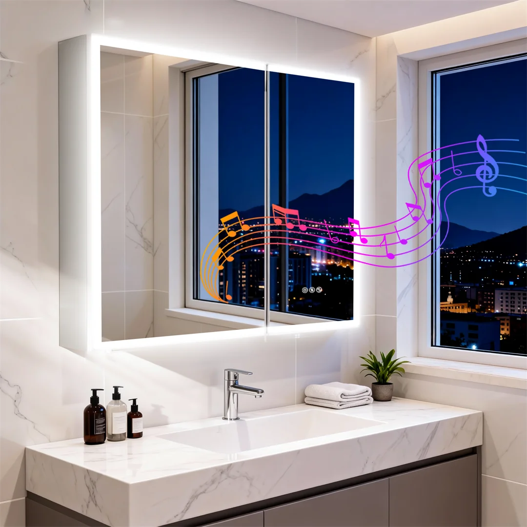 LUVODI Double Door LED Bluetooth Bathroom Mirror Cabinet,Lighted Vanity Cabinet 80x70cm,Adjustable Glass Shelves