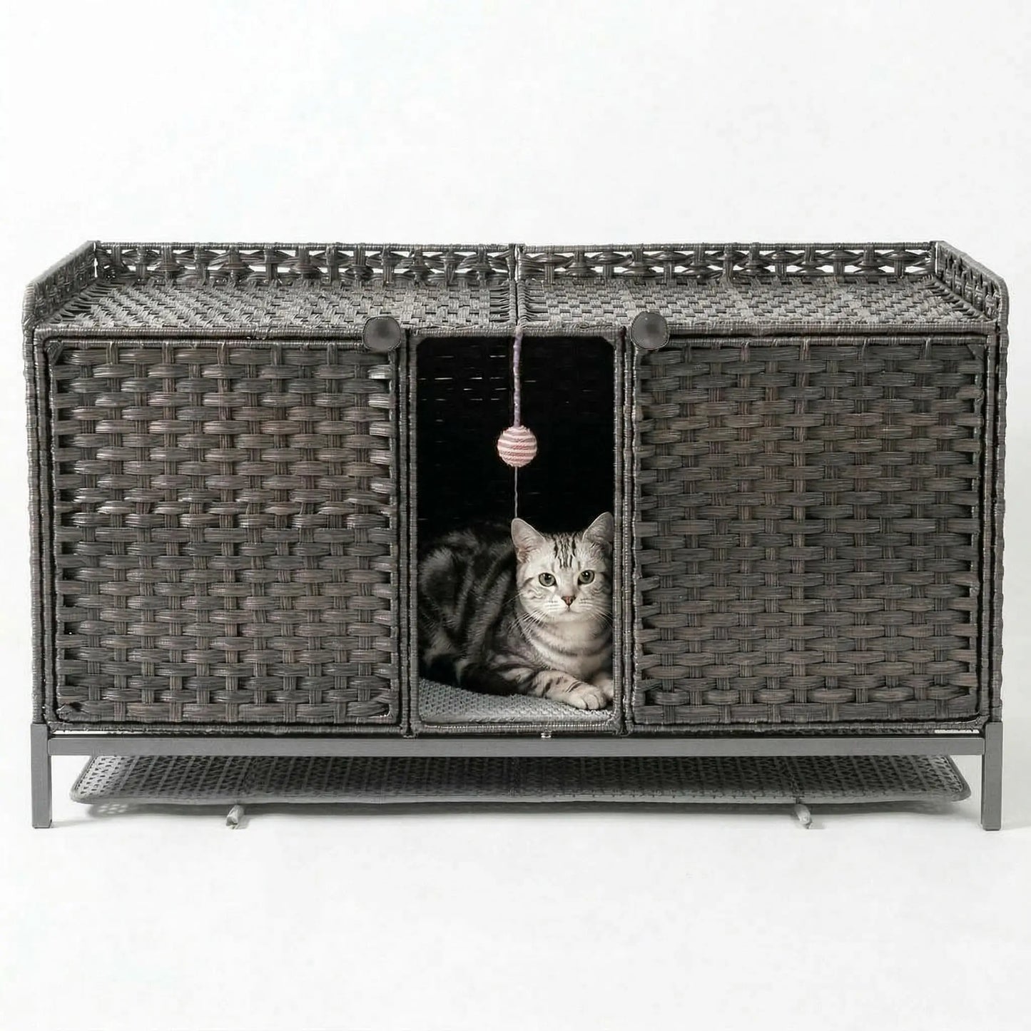 Rattan Double Cat Litter Box Enclosure - Hidden Cabinet for 2 Cats with Removable Mat, Play Game & S-Shaped Hooks - Large Decorative Cat Washroom Furniture for Living Room or Bedroom