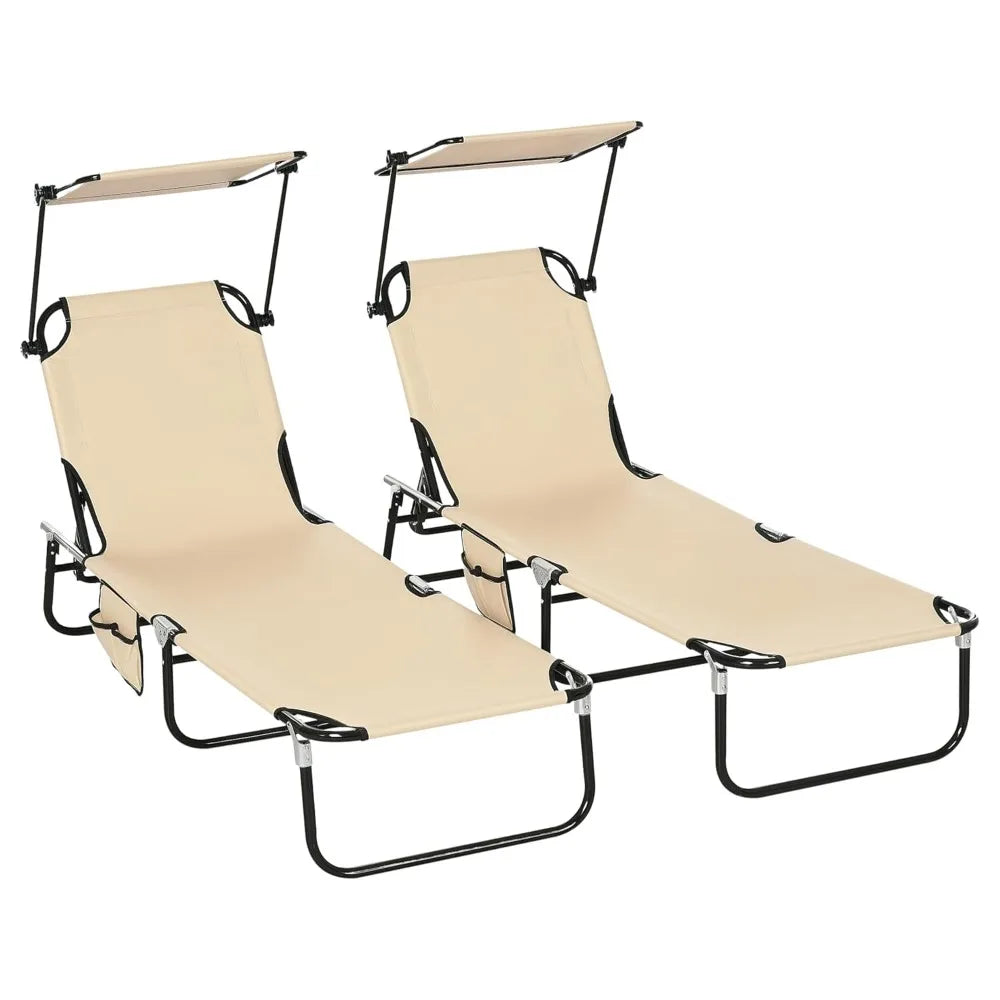 Folding Chaise Lounge Pool Lounge Chairs Set of 2, Outdoor Sun Tanning Chairs with Canopy Shade, Reclining Back, Customized