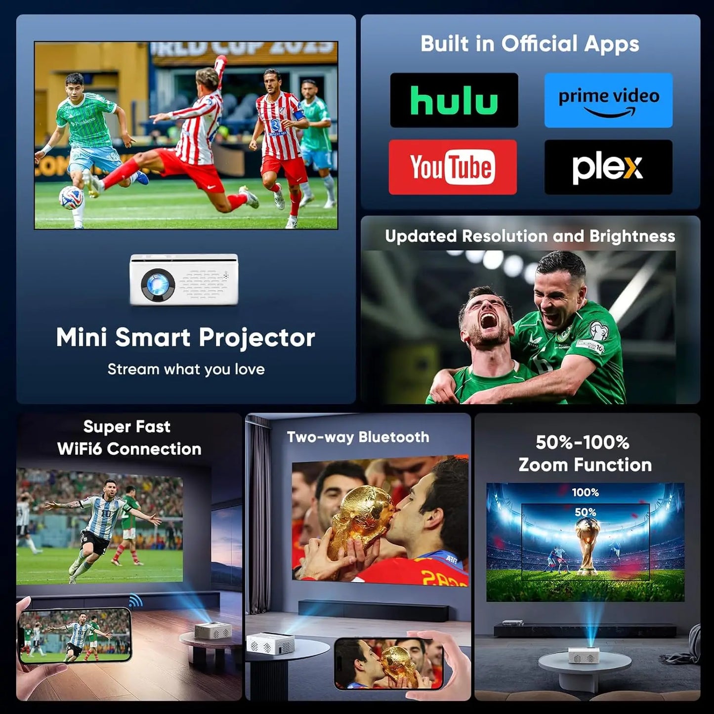 1080P Smart Projector with WiFi & Bluetooth, Compatible with Netflix, Prime Video, YouTube, for Home & Outdoor, Gaming, Camping