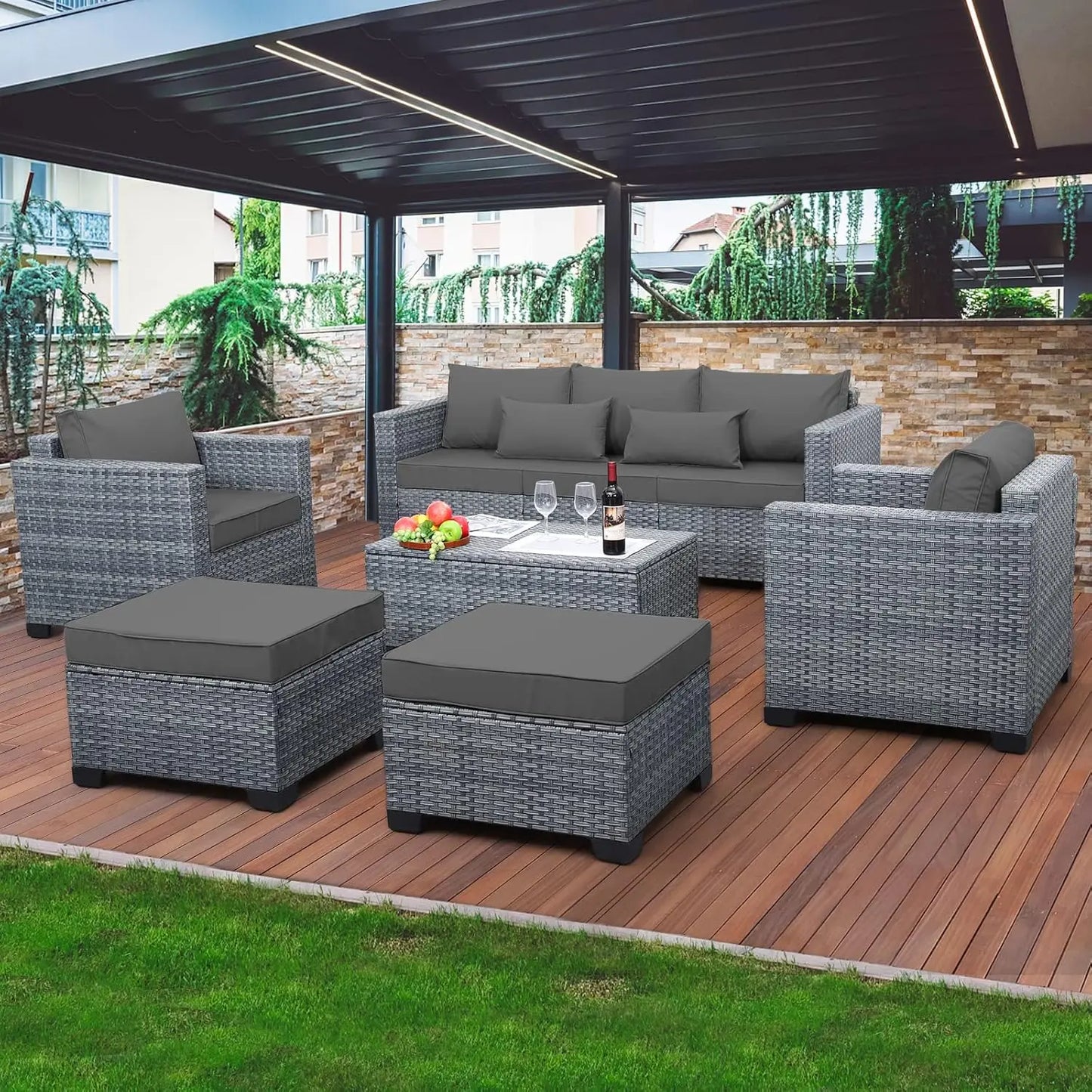 6 Pieces Wicker Patio Furniture Sets Outdoor Conversation Set HDPE Rattan Sectional Sofa Couch with Storage Table, Customized