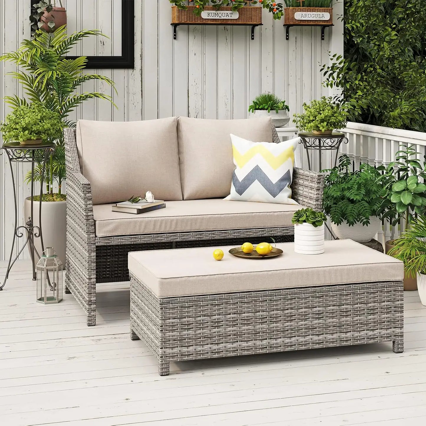 2-Piece Outdoor Patio Furniture Wicker Love-seat and Coffee Table Set, with Built-in Storage Bin, Grey Rattan, Grey, Customized